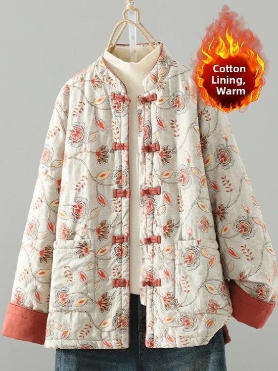 

Retro Chinese Sle Printed Cotton Jaet Double ket Stand Collar Warmth Filled Coat Thiened Long Sve Women's Top