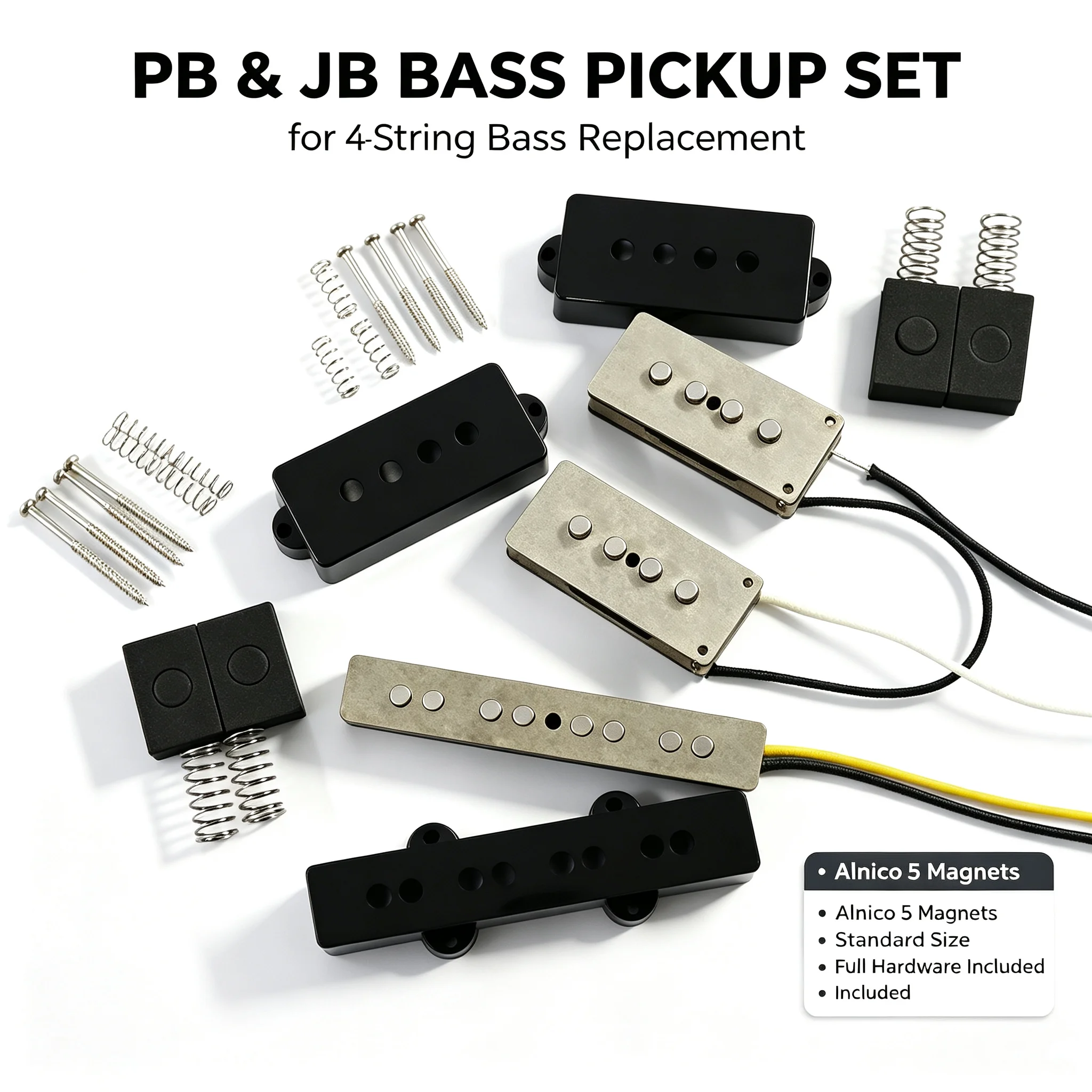 PHRILAM Alnico 5 PJ & PB Bass Pickup Set, 2Pcs Bridge Pickups for 4-String Jazz & Precision Bass, Bass Guitar Replacement Parts