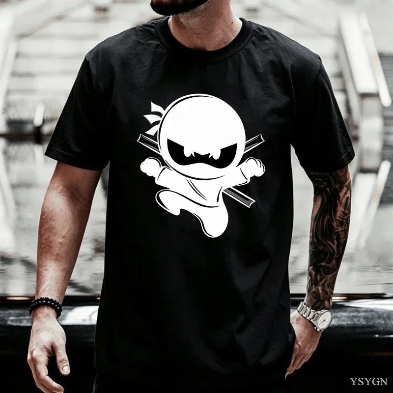 Cute Cartoon Little Ninja with Sword Print Women Man T Shirt Short Sleeve Crew Neck Cotton Warrior Parent Matching Tee Tops