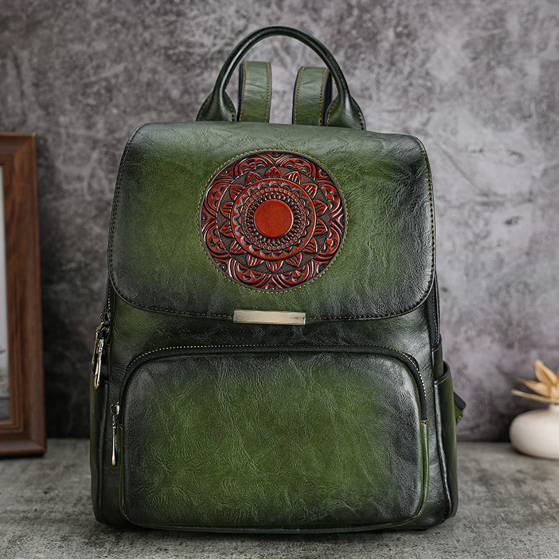 Vintage Women Leather Backpack Chiniese Style Ladies Travel Bagpack Antitheft Floral Double Shoulder Bag