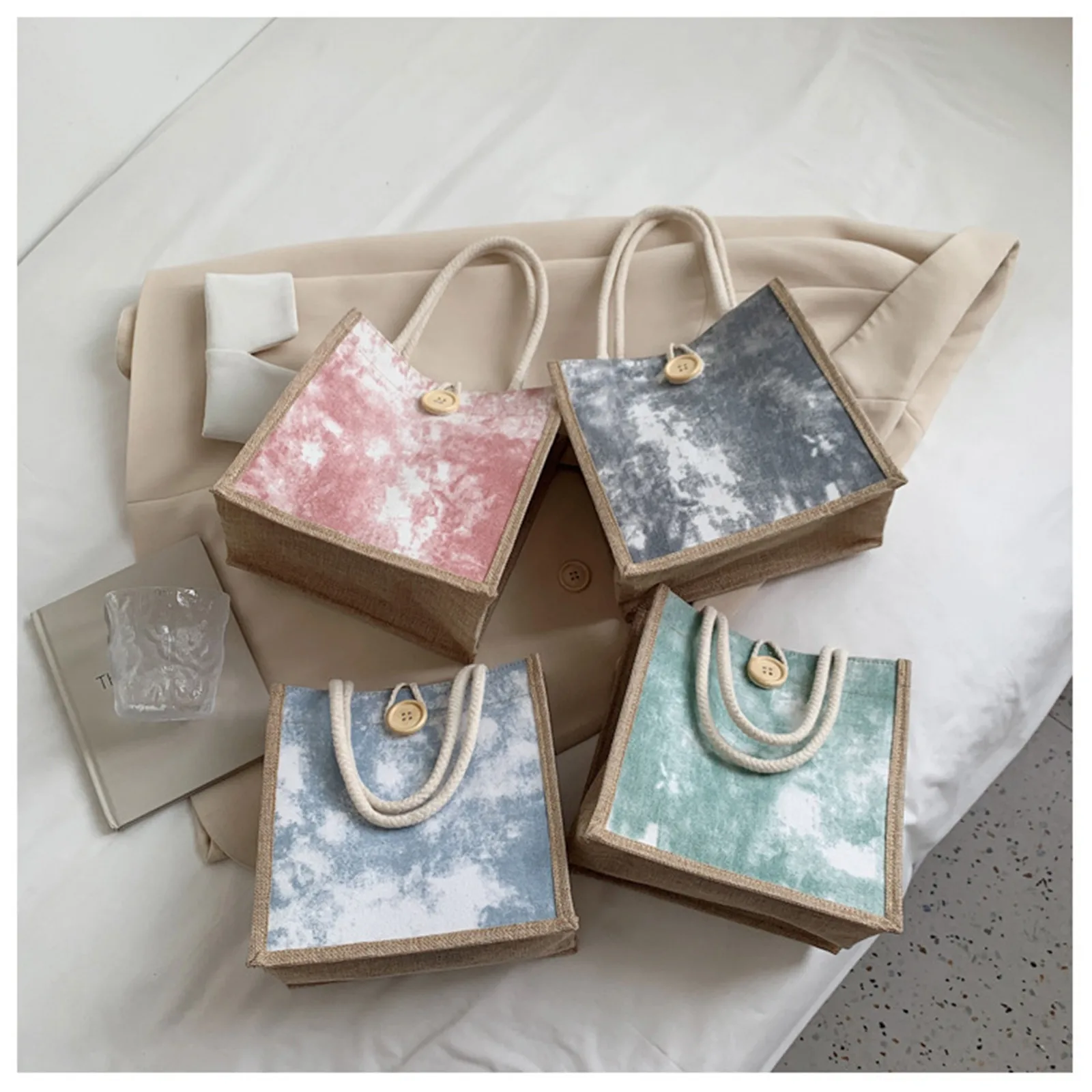 ISKYBOB Linen Gift Packing Bag Women Fashionable Outing Lunch Bag Handbag Small Shoulder Bag with Button Grocery Bag 2024 New