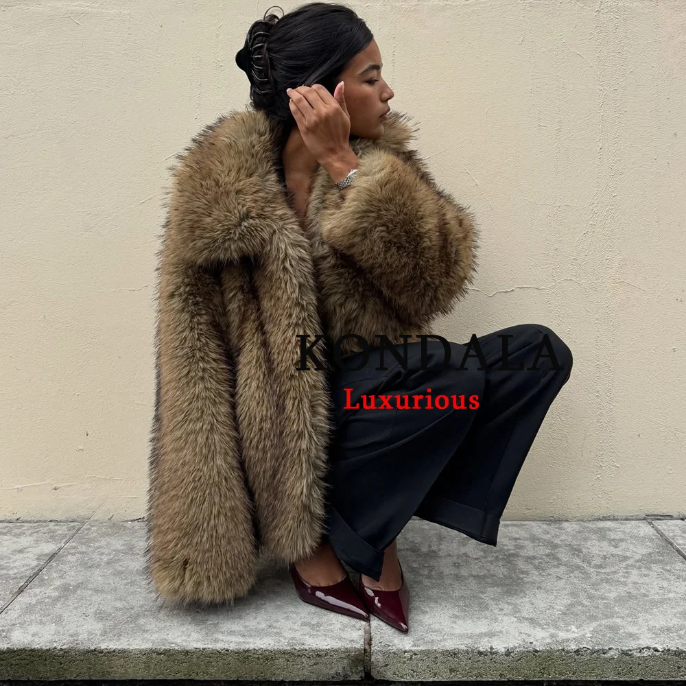 

KONDALA Casual Faux Fur Coats Turn Down Collar Pockets Thick Warm Jackets Women Fashion 2025 Autumn Winter Streetwear Outwears