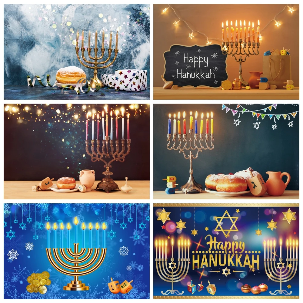 Laeacco-Fondo de fotografía Feliz Hanukkah, Hanukah, festivales, fiesta, Menorah, velas, pan, cemento, póster de pared