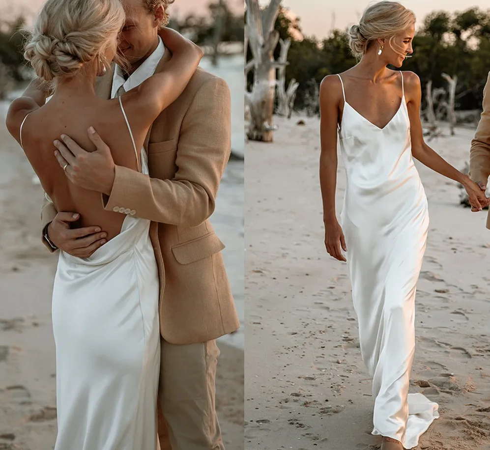 

Customized Simple Sexy Beach Wedding Dress V-neck Straps Backless Cut Satin Column Bridal Boho Gowns Vestidos De Noiva