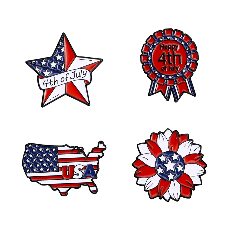 4Pcs/Set Creative 4TH Of July Collection Pins American Flag Elements Star Map Flower Medal Enamel Brooches For USA American Gift