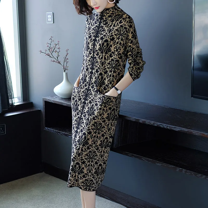 

Casual Sweater Dress for Women Winter Woman Vintage Dresses Knitted Bodycon Korean Fashion Print Dress Party Vestidos Vintage