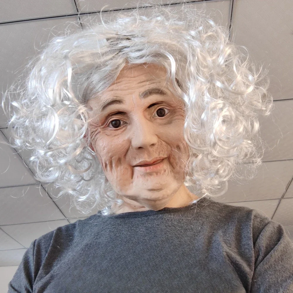 

Halloween Realistic Old Lady Mask With Wig Fancy Dress Party Head Cover White-Haired Old Man Lady Latex Mask With Movable Mouth