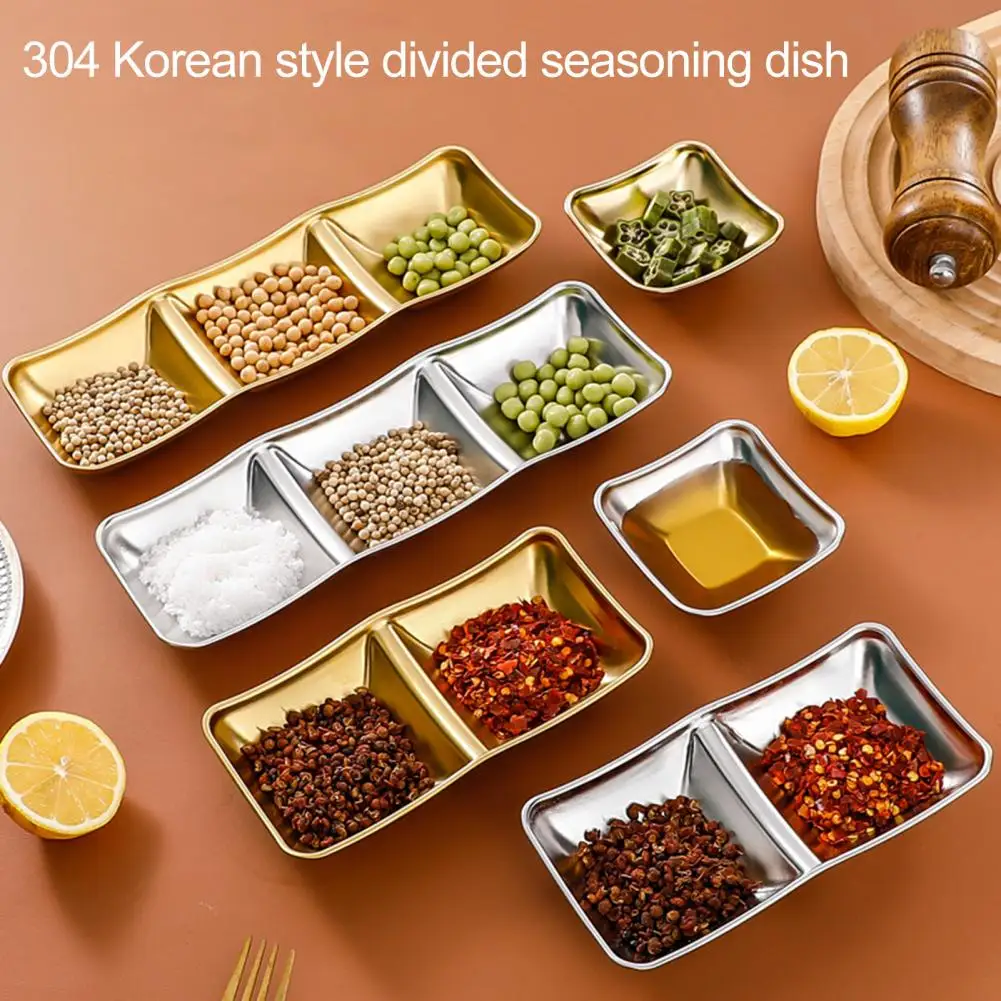 1/2/3 Grids Stainless Steel Seasoning Dish Korean Metal Barbecue Sauce Dipping Dish BBQ Appetizer Plates Kitchen Tableware