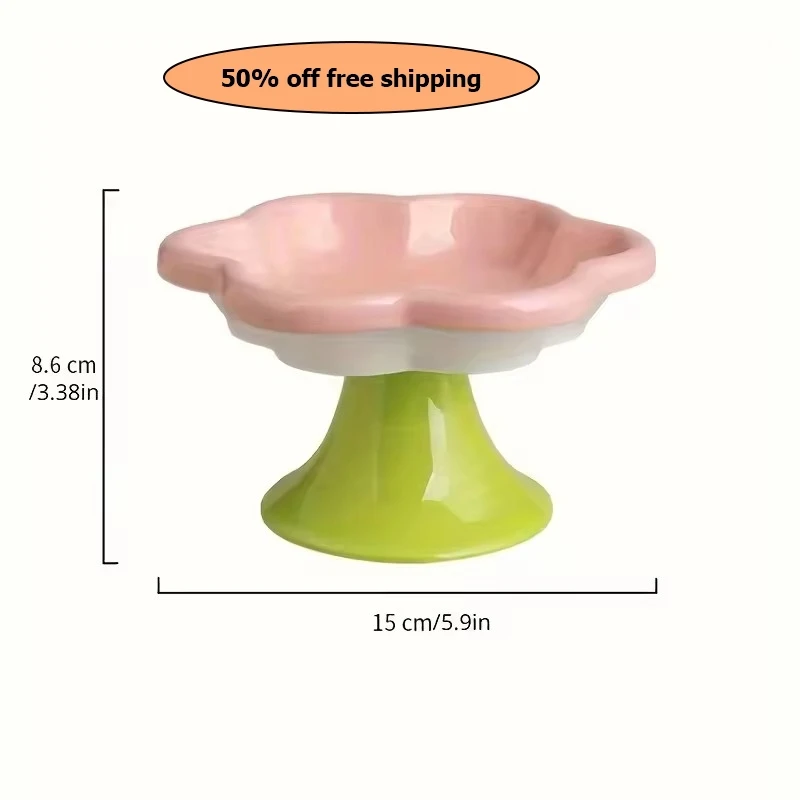 

Pet Bowl Ceramic Flower Design Cat Food Bowl High Foot Water Plate Snack Dish with Stand for Neck Protection Free shipping