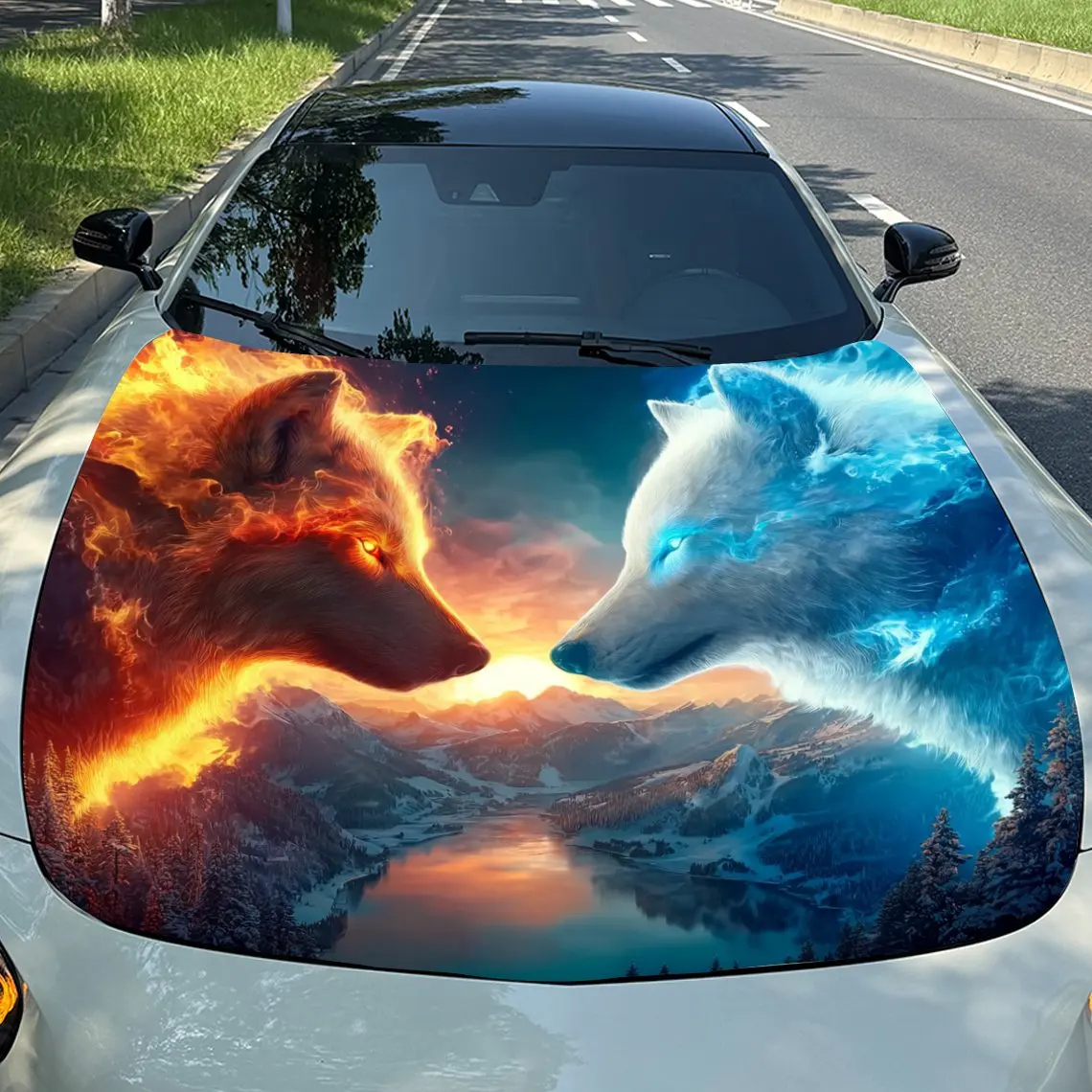 

Ice And Fire Wolf Car Hood Sticker-waterproof And Scratch Resistant PVC Car Sticker, Suitable For Cars, Trucks, And SUVs-easy To