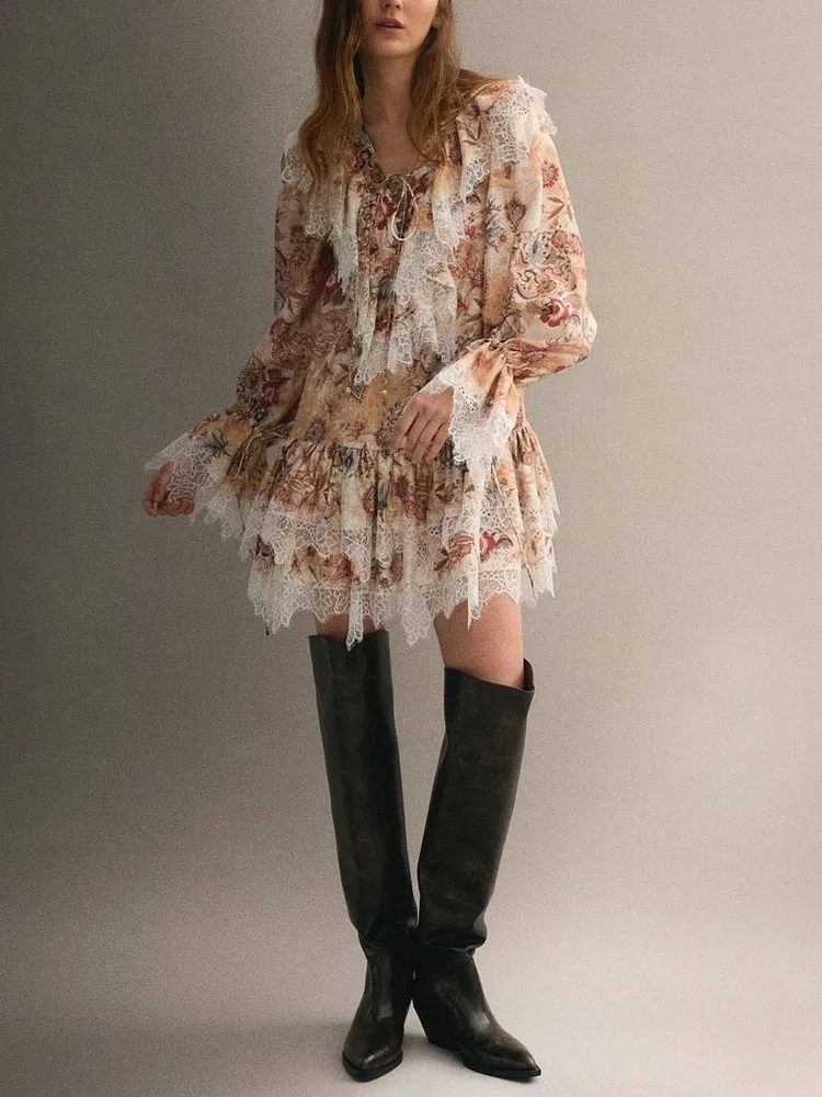 

Ele Long Sve Lace Trim Dr ZA2026 Spring Faion New Arrival Women's Clothing Ethnic Stage Costume