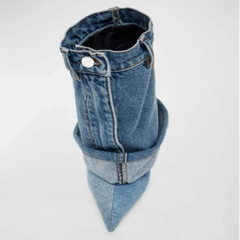 Denim Pointed Toe Mid-Calf Women pants Boots Stiletto High Heels Buttom Design Large Size Fashion Show Shoes