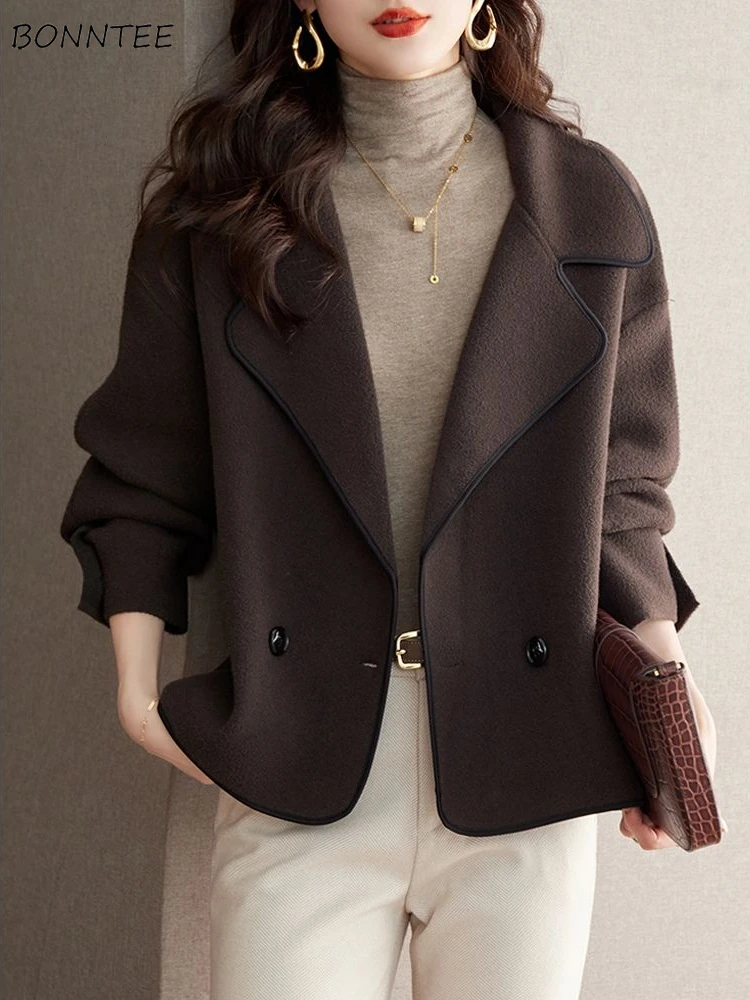 Blazers Women Double Breasted Loose Notched Winter Thicken Woolen Design Vintage Solid Coats Office Lady Elegant Outerwear Daily