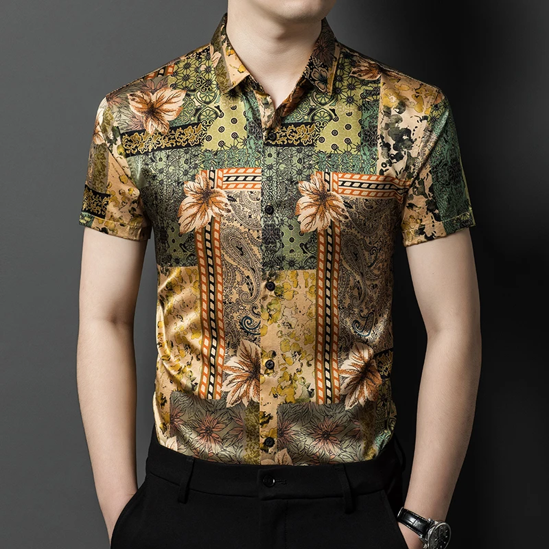 

Высококачественные крутые шелковые рубашки для мужчин с короткими рукавами и принтом, повседневные летние качественные гладкие удобные легкие Camisas De Hombre