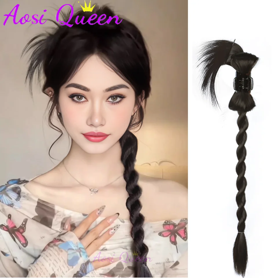 AOSI  New Chinese Style Twisted Braid With Chicken Feather Hair Bag Claw Clip Ponytail Gentle Side-tied Braided Ponytail Wig