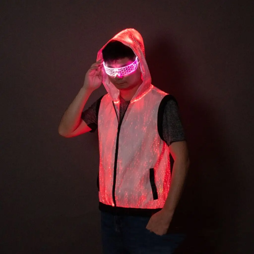 LED Optical Fiber Costume Set Glowing Vest Jacket with Mask for Stage Performance DJ Rave Party Wear