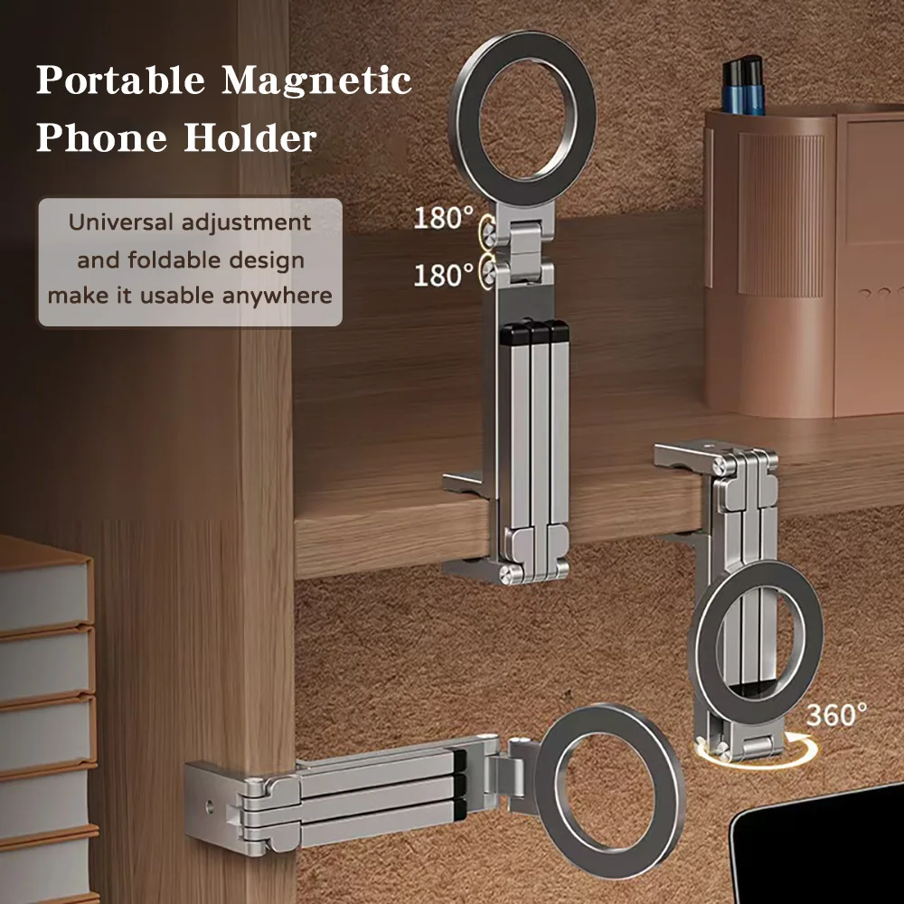 360° Rotating Portable Magnetic Foldable Tripod Phone Stand Mini Metal For MagSafe Holder With Extra Magnetic Ring Sheet - Image 4