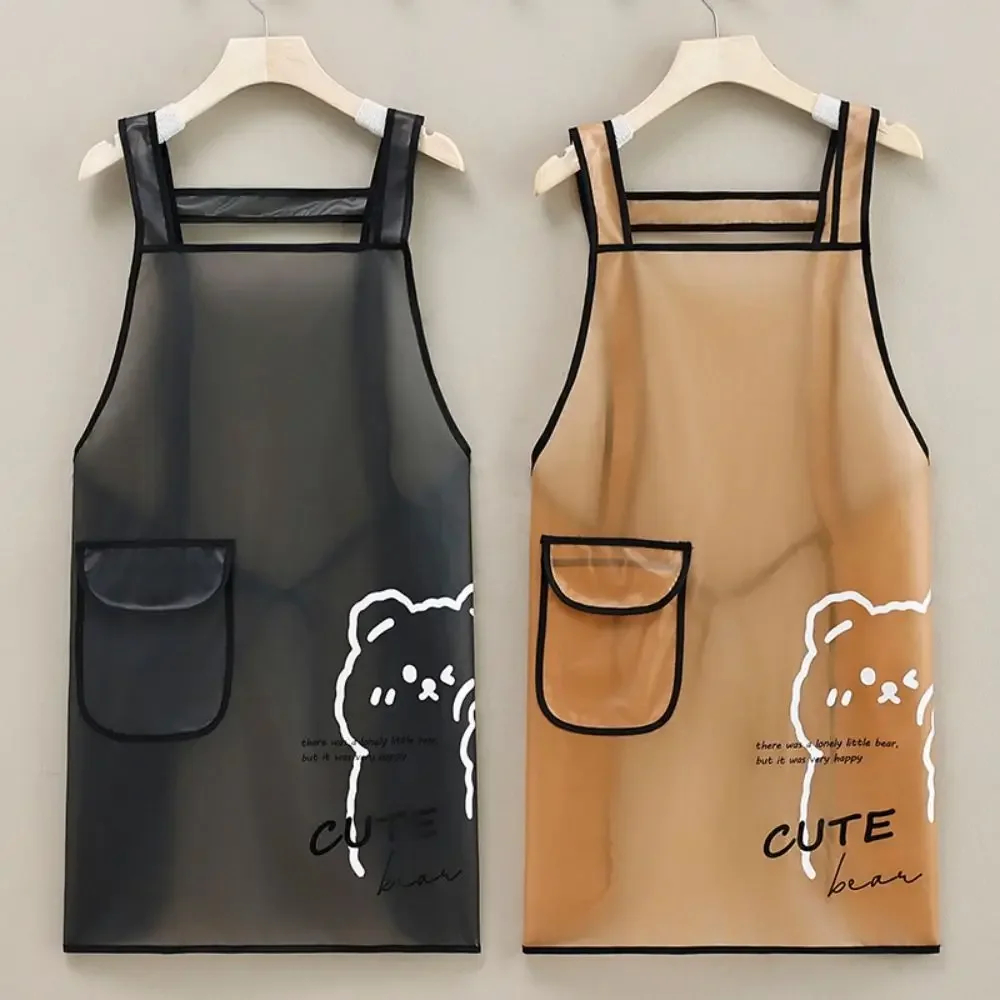 Delantal de cocina de TPU, delantal de trabajo blanco y negro transparente con bonitos osos de dibujos animados, delantales de limpieza resistentes al agua y al aceite para el hogar