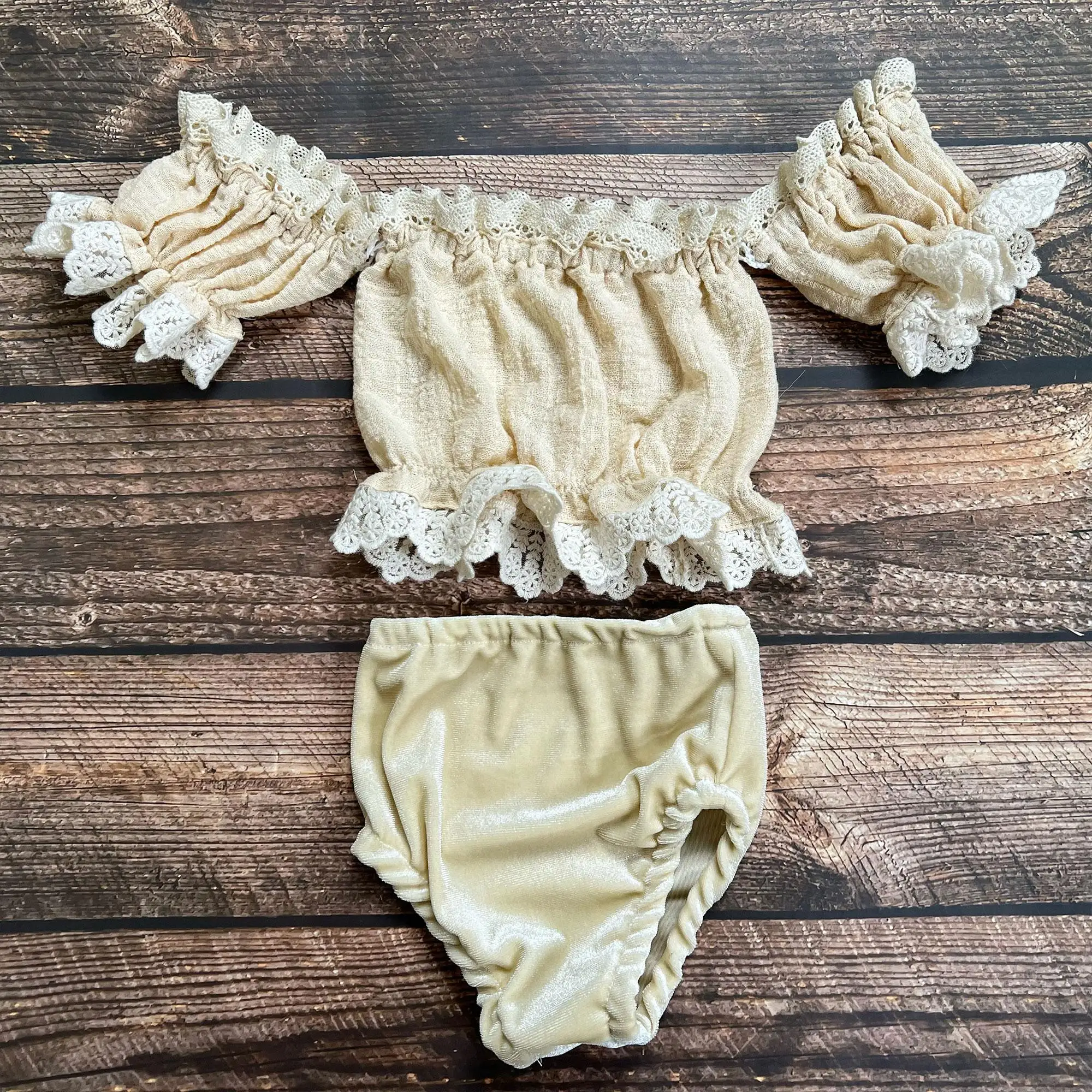 Don&Judy Baby Girl Bikini Set For Photography Baby Costume Newborn Photography Props Beige Cotton-linen Strapless Romper Set