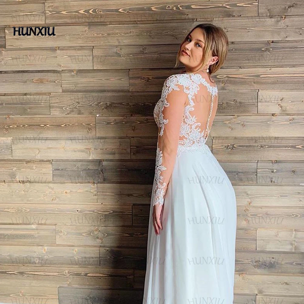 Gaun Pernikahan Sifon Klasik Gaun Pernikahan Pengantin Model V Ilusi Applique Tulle Gaun Pernikahan Pantai Formal dan Pantai Jubah Pengantin