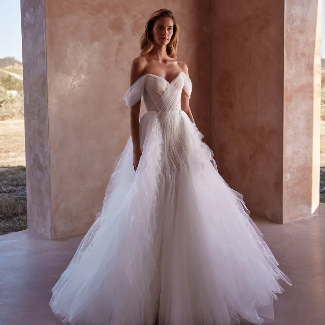 Vestidos de Noche personalizados de tul con temperamento, corte en A, hombros descubiertos, sin tirantes, media manga, Panel de tren, vestido de regreso a casa