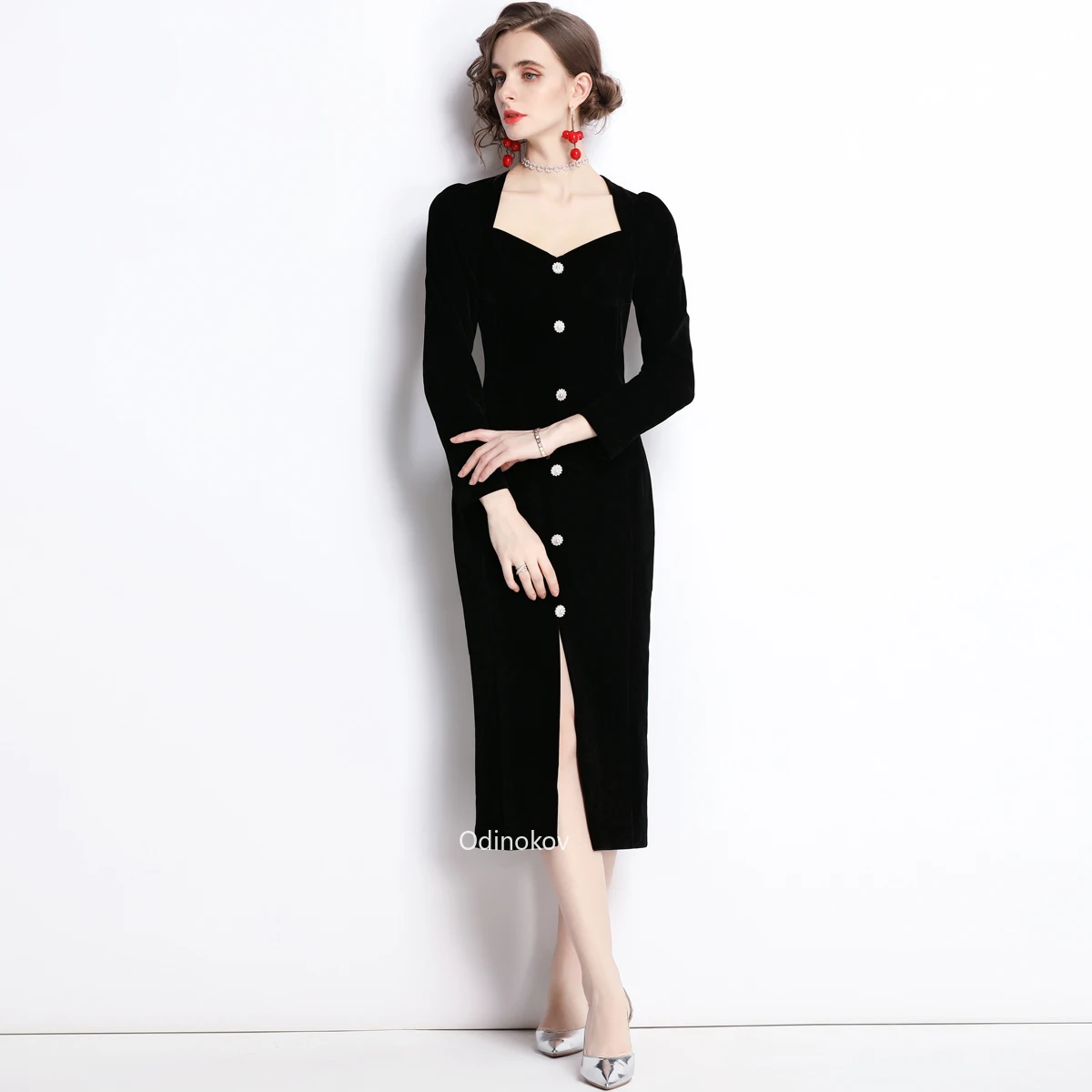 Autumn Winter Party Dress Elegant Commuting Office Lady Black Velvet Button Slim Slit Women Clothing  2026