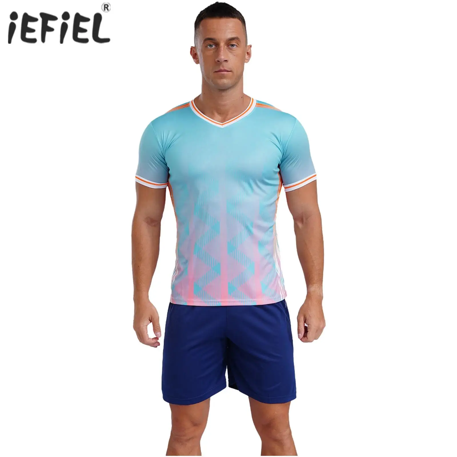 Mens Football Training Uniform Sports Set V Neck Short Sleeve Graphic Print T-shirt with Drawstring Shorts Basketball Outfits