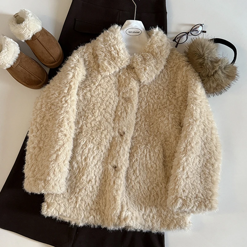 

Solid Color Lamb Wool Turn Down Collar Jacket Women Autumn Winter Girls Warm Coats Fashion Versatile Mid-length Plush Overcoat