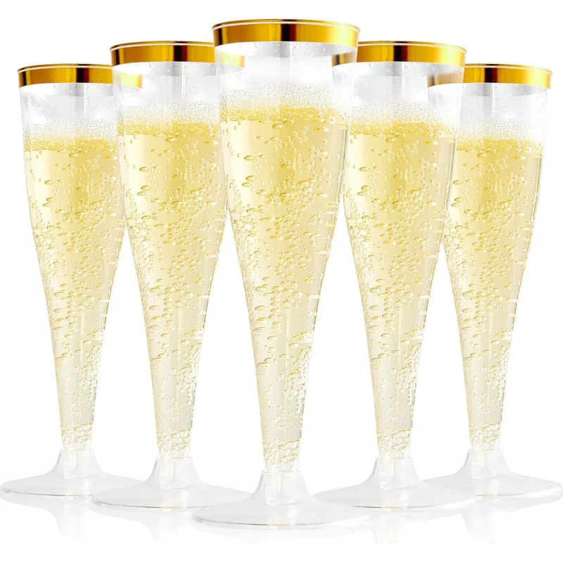 

100-Pack 4.5 Oz Gold Rim Plastic Champagne Flutes – Disposable Recyclable Clear Toasting Cups for Wedding & Party