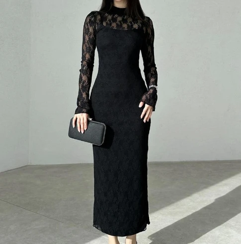 

Women's Dress 2024 Autumn New Sexy Elegant Mock Neck Long Sleeve Sheer Lace Patchwork Bodycon Wrapped Buttocks Maxi Dress