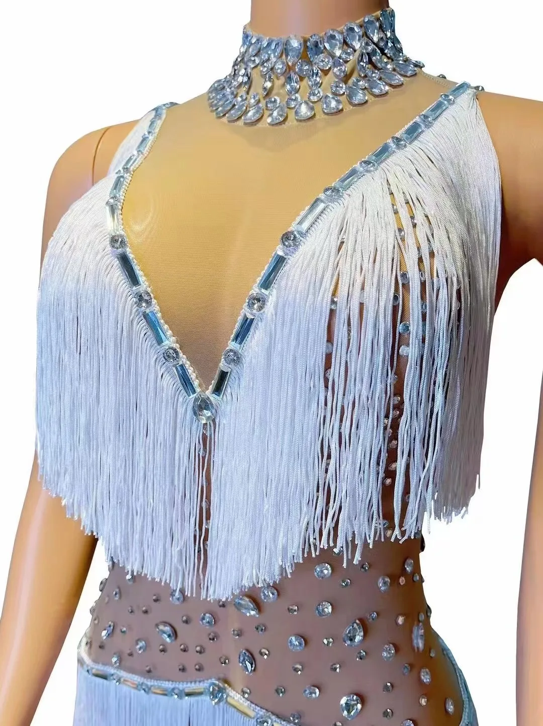 Błyszczące cyrkonie frędzle kombinezon dla kobiet seksowna siatka przezroczysty strój do klubu nocnego piosenkarka tancerz występ na scenie kostium