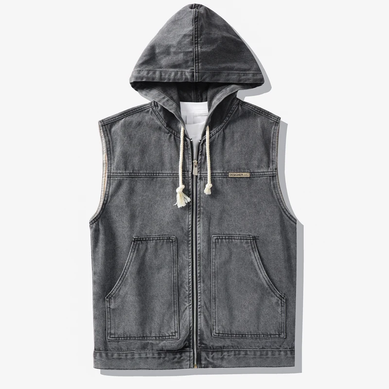 

2025 Autumn Winter Men's Denim Hooded Vest - American Retro Sleeveless Casual Workwear Waistcoat Jackets Plus Size 5XL
