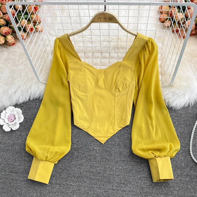 Puff Long Sleeve Shirt  Women Spring Autumn New Korean Chic All-Matched Solid Square Collar Blouse Fashion Irregular Short Top