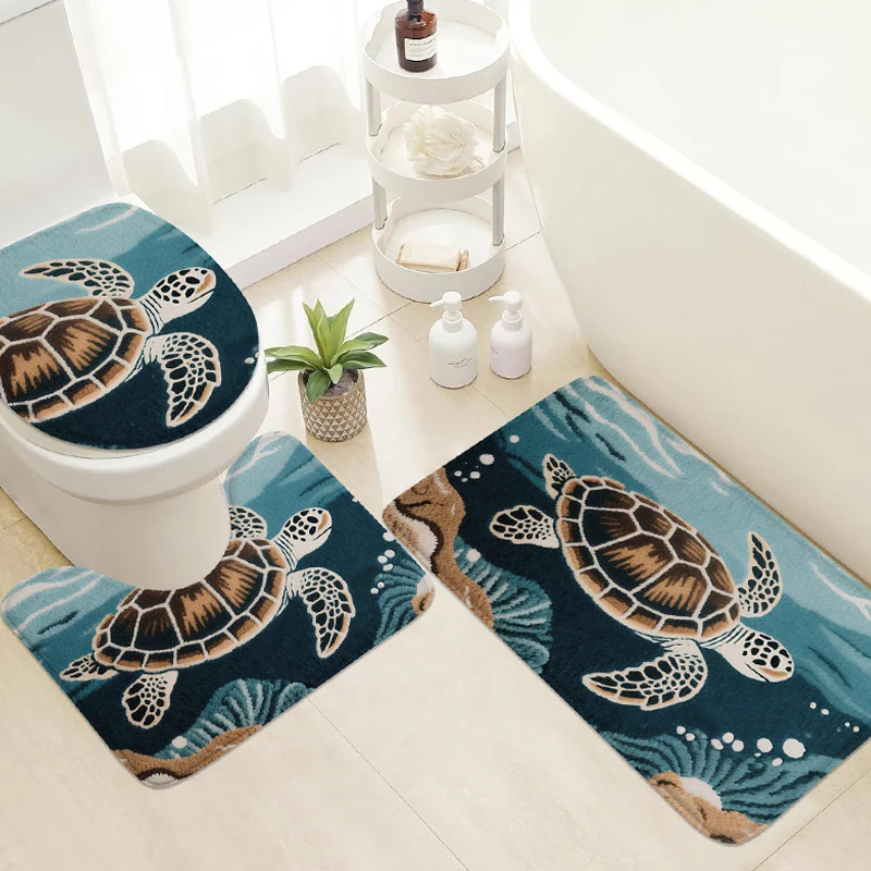 Mermaid Theme Bath Mat 3PCS, Non-Slip U-Shaped Cover for Toilet Lid and Bathroom Floor Decor