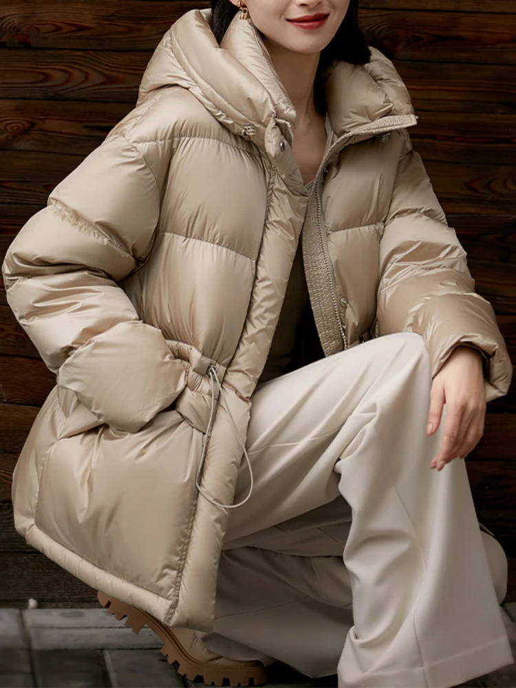 White Duck Down Coats for Women, Drawstring Hooded Waist Jackets, Stylish and Warm Outwear, Winter Clothing