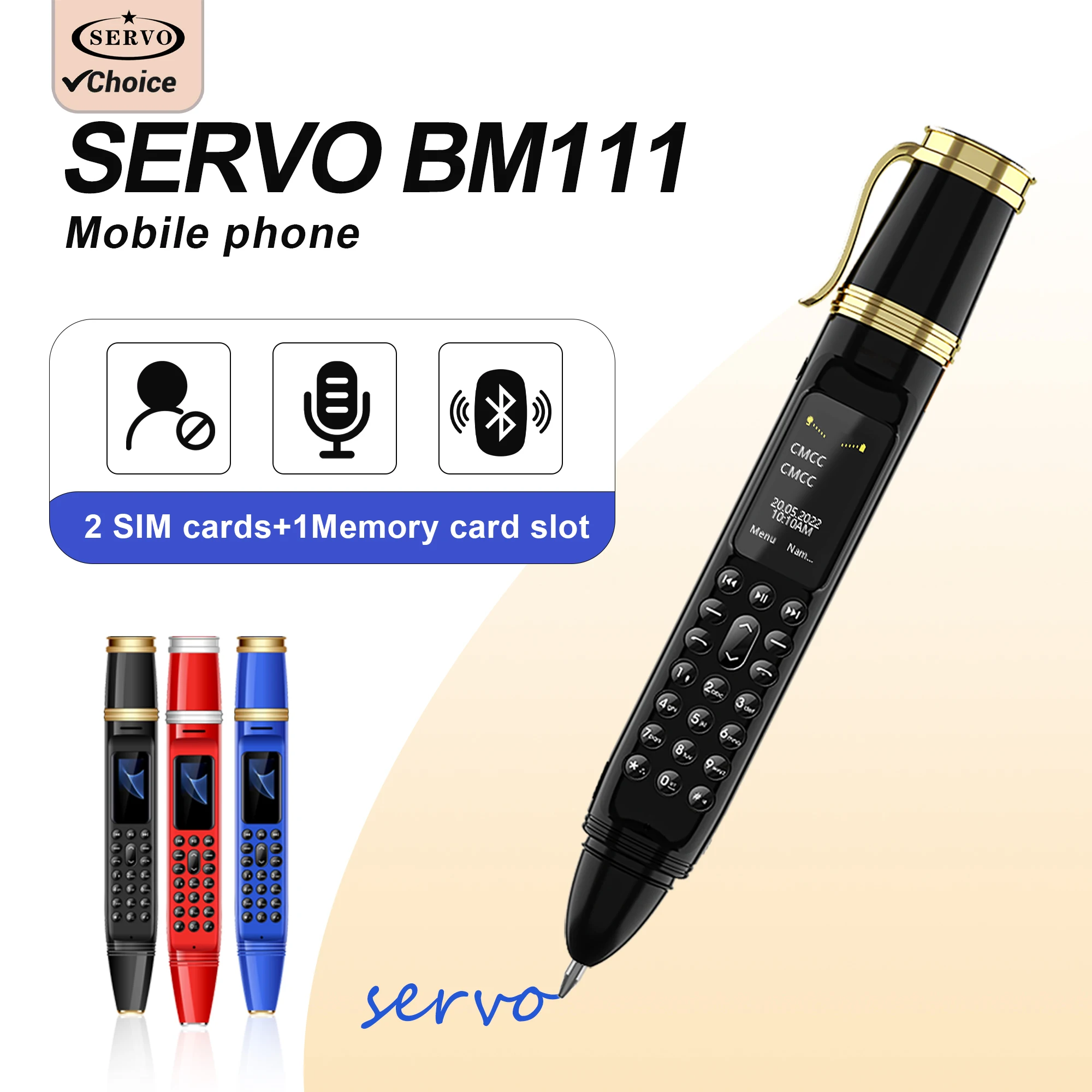 SERVO BM111 Multifunctional Mobile Phone Dual SIM Magic Voice Bluetooth Dial Recorder Camera FM Radio 2G GSM Fan Pen Phone 1800m
