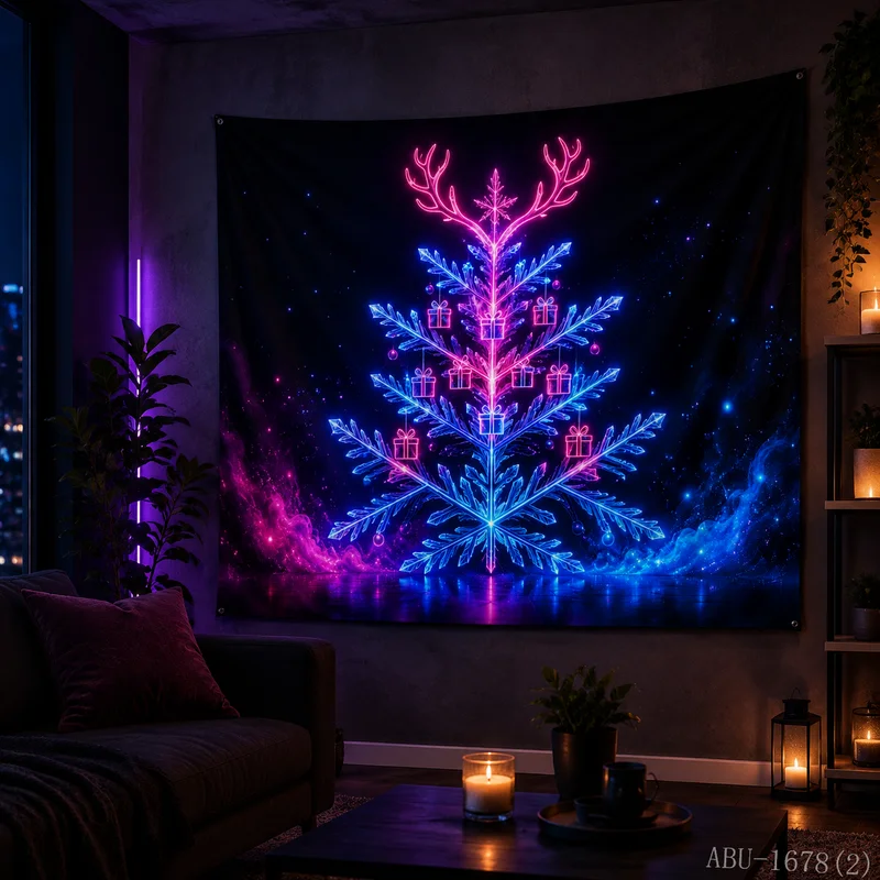 VIKAMA Neon Antlers Snowflake Christmas Tree Gift Box Christmas Tapestry Background Hanging Cloth Living Room Decoration