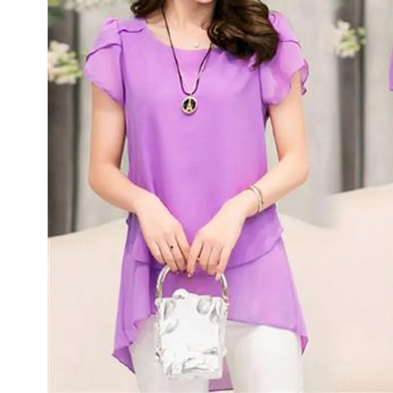 Summer Women\'s Chiffon Shirt Korean New Short Sleeve Solid Color Loose Asymmetrical Vintage Loose Blouse Casual Fashion Clothing