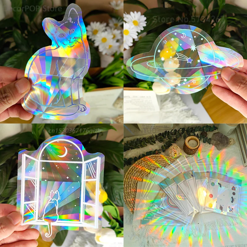 3D Rainbow Sun Catcher Wall Stickers Cat Bear Wolf Spaceship Planet Suncatcher PVC Film Self Adhesive Decal Sticker Home Decor