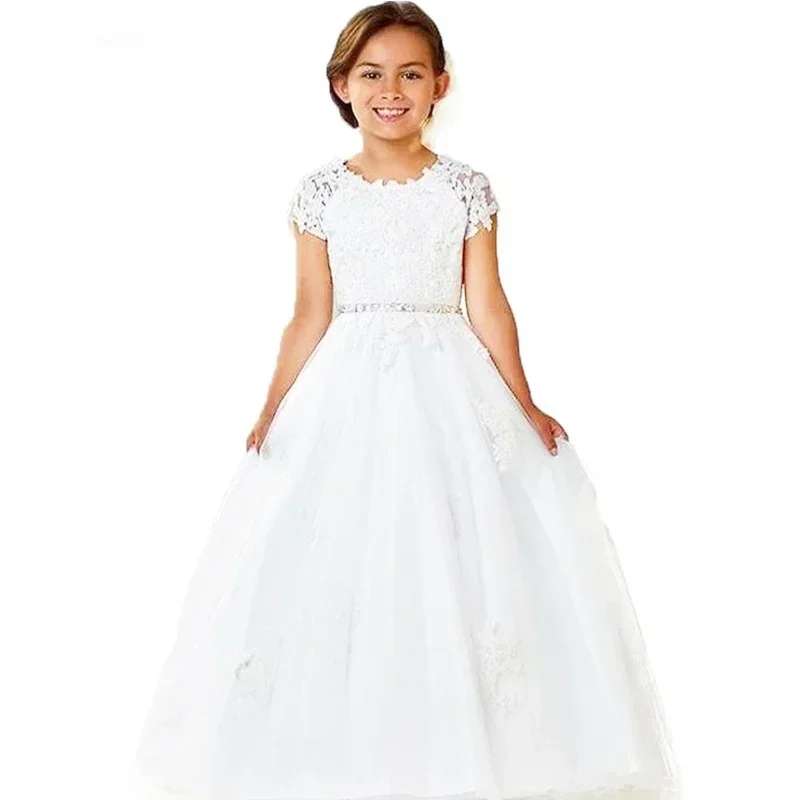 

Flower Girl Dresses A-line Appliques Lace Cap Sleeve Beaded Waistline Dress Tulle Wedding Party First Communion Gowns