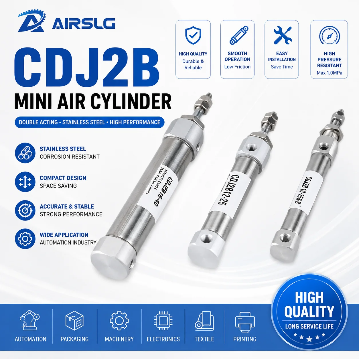 Cilindro de ar pneumático de dupla ação mini pequeno tipo cdj2b haste única 10mm 12mm 16mm furo 10mm 50mm 100mm 200mm curso cdj2b16