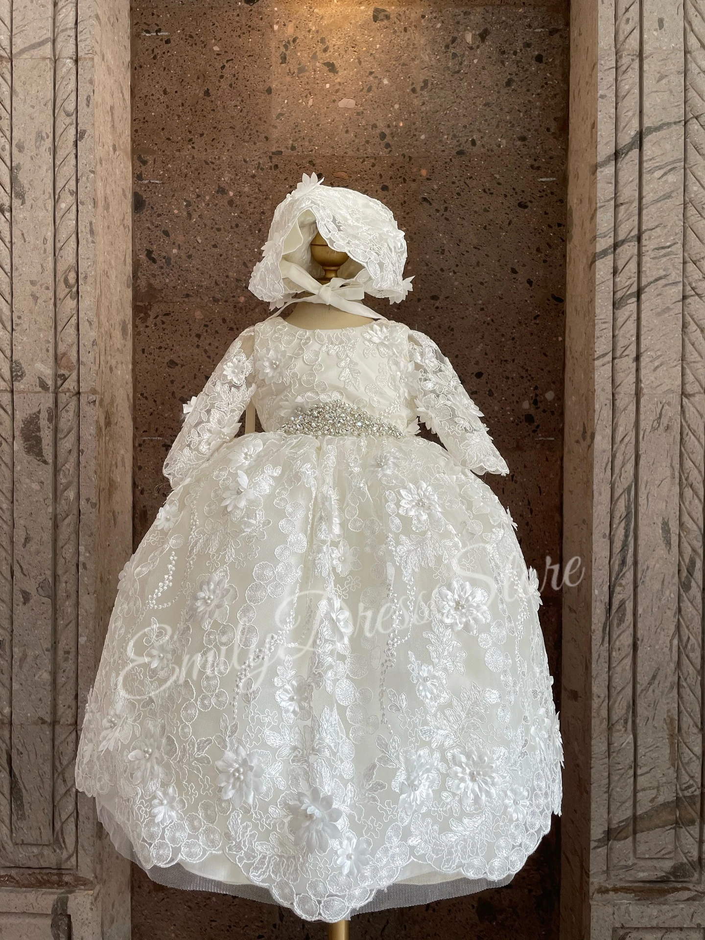 

Christening Gown for Little Kids Ivory Lace Pearls Flower Girl Dress First Communion Dress Baby Toddler Infant Baptism