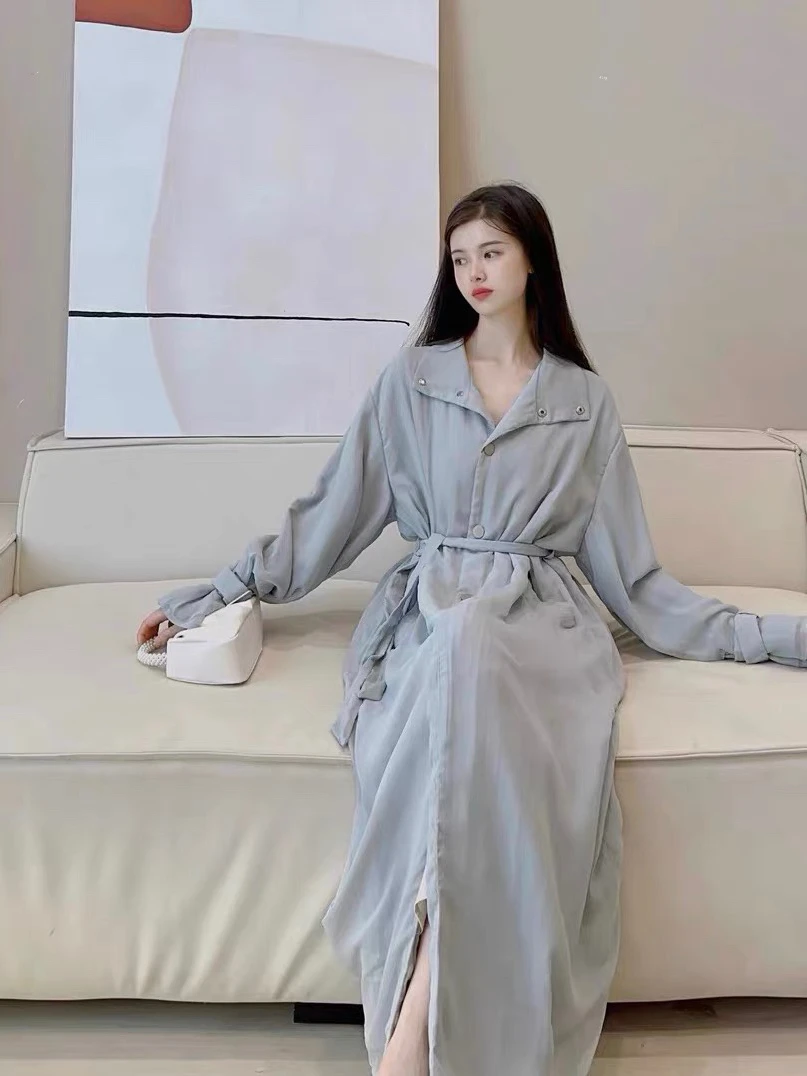 

Lanyu Er Casual Autumn Blue Bowl Sve Texture Crepe Windbreaker Long Sve Daily Wear Other 00% Material Ladies Coat