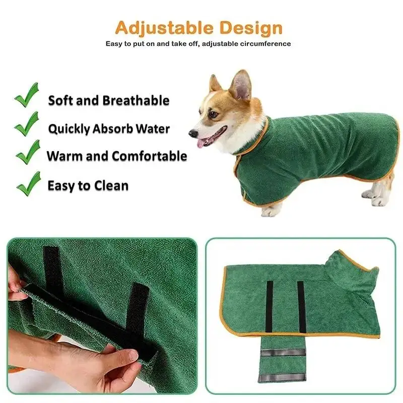 Dog Bathrobe Fast Drying Towel Microfiber Absorbent Soft Bath Robe Adjustable Towel Grooming Coat Dog grooming Pet Accessories