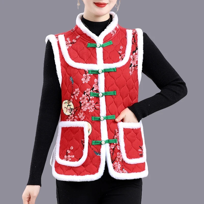 

5XL Middle-aged Mother Vest Autumn Winter New Printed Fleece Vest Coat Female Sleeveless Jacket Grandma Thicken Warm Waistcoat
