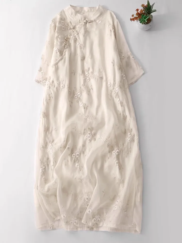 

Chinese Style Embroidery Party Dresses for Women Summer High Quality Buttons Ladies Cheongsam Elegant Fashion A-Line Midi Dress