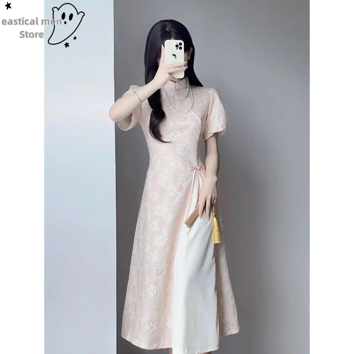 Light Green Cheongsam New Chinese Style Dresses Women Elegant Flower Print Vestidos Traditional Mandarin Collar Qipao Lady Dress