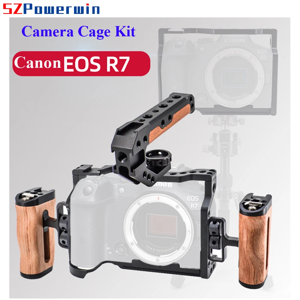 Powerwin For Canon EOS R7  Camera Cage with wooden Handgrid Handle Kit Aluminum Alloy Multifunctional Arri Locating Screw