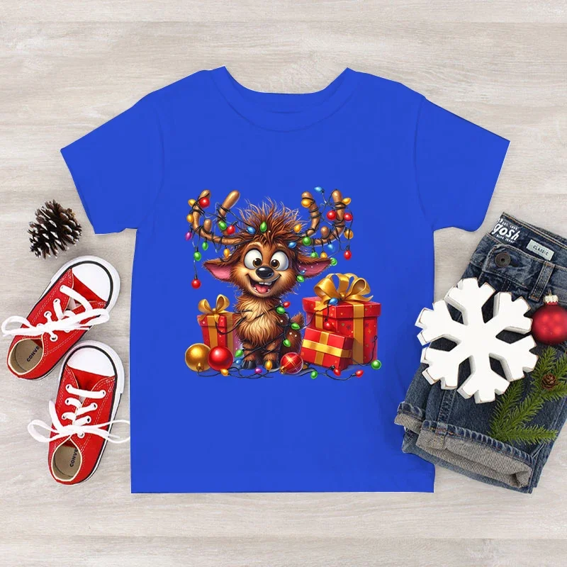 Cute Elk Deer Print Boys Girls Christmas T-shirts Fashion Short Sleeve Tops Cartoon Elk Deer Lamp String Xmas Gift Kids Tshirt