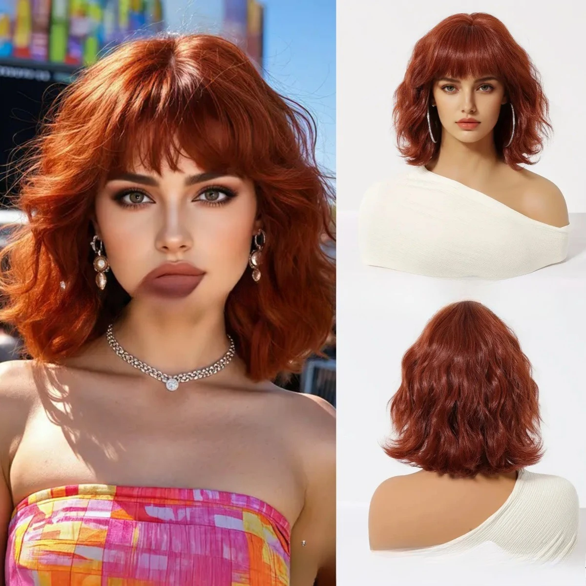 

Orange brown wig bobo bangs Bobo head short curly hair festival full hood wigs